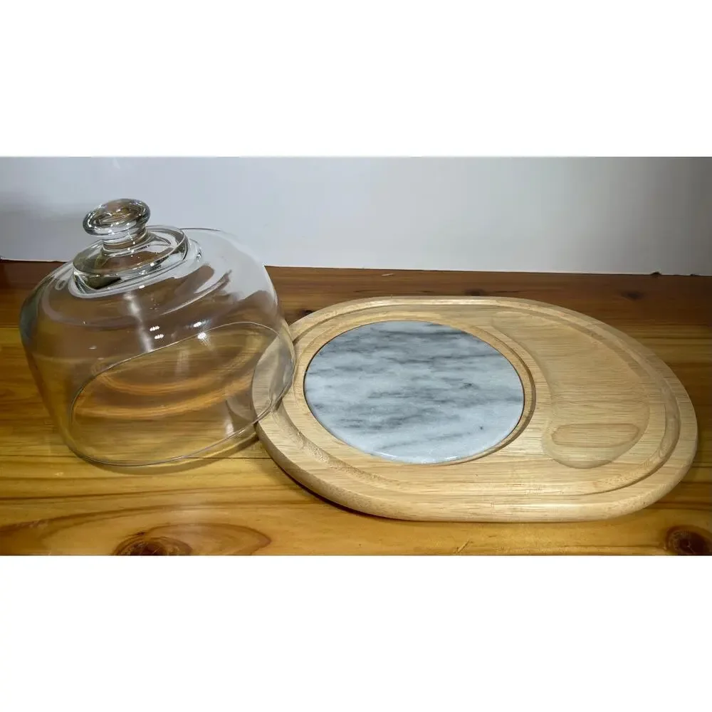 Vintage Teakwood Cheese Server with Glass Dome Marble Center